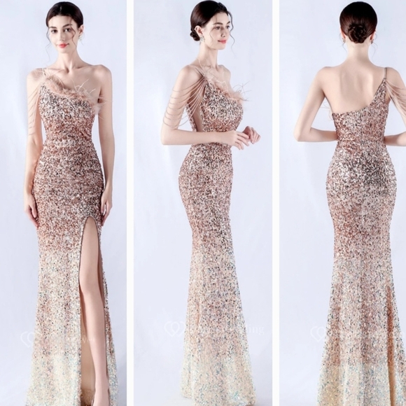 Gold One Shoulder Sleeveless Gown for Prom - Picture 1 of 15